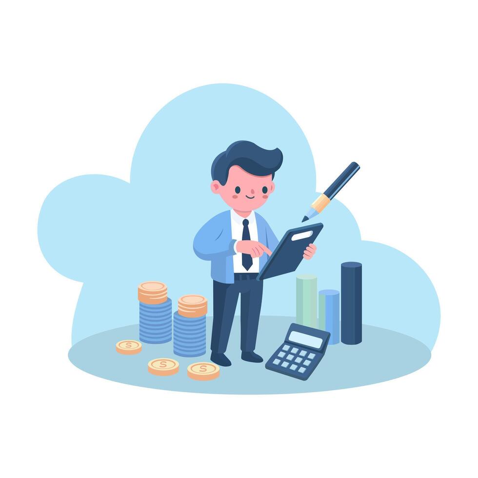 Flat Design of business owner creating a detailed budget plan Asset vector