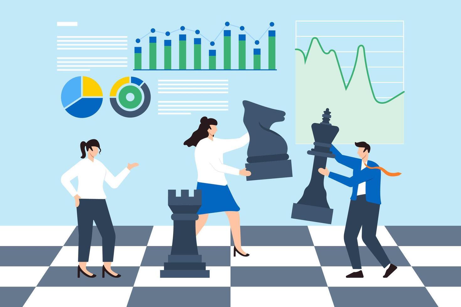 Strategic market moves, competitive analysis, data-driven decision-making, planning for business success concept illustration. Team of analysts playing chess with financial pieces vector
