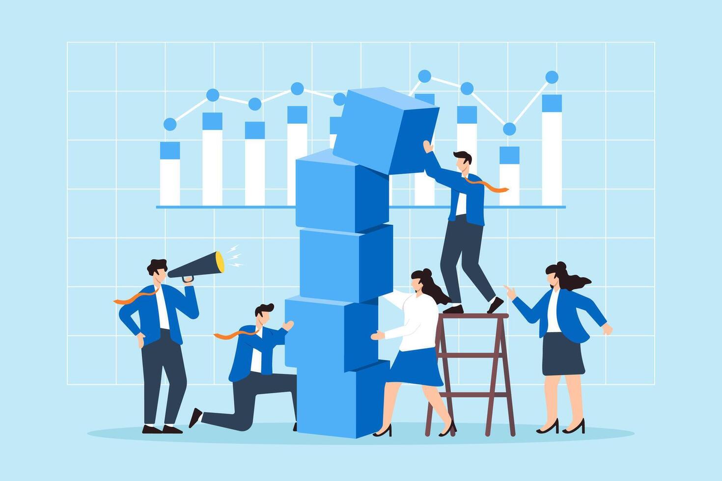 Constructing solid business strategies, foundation of analytical insights, collaboration market planning concept illustration. Analysts team building tower of blocks with financial charts vector