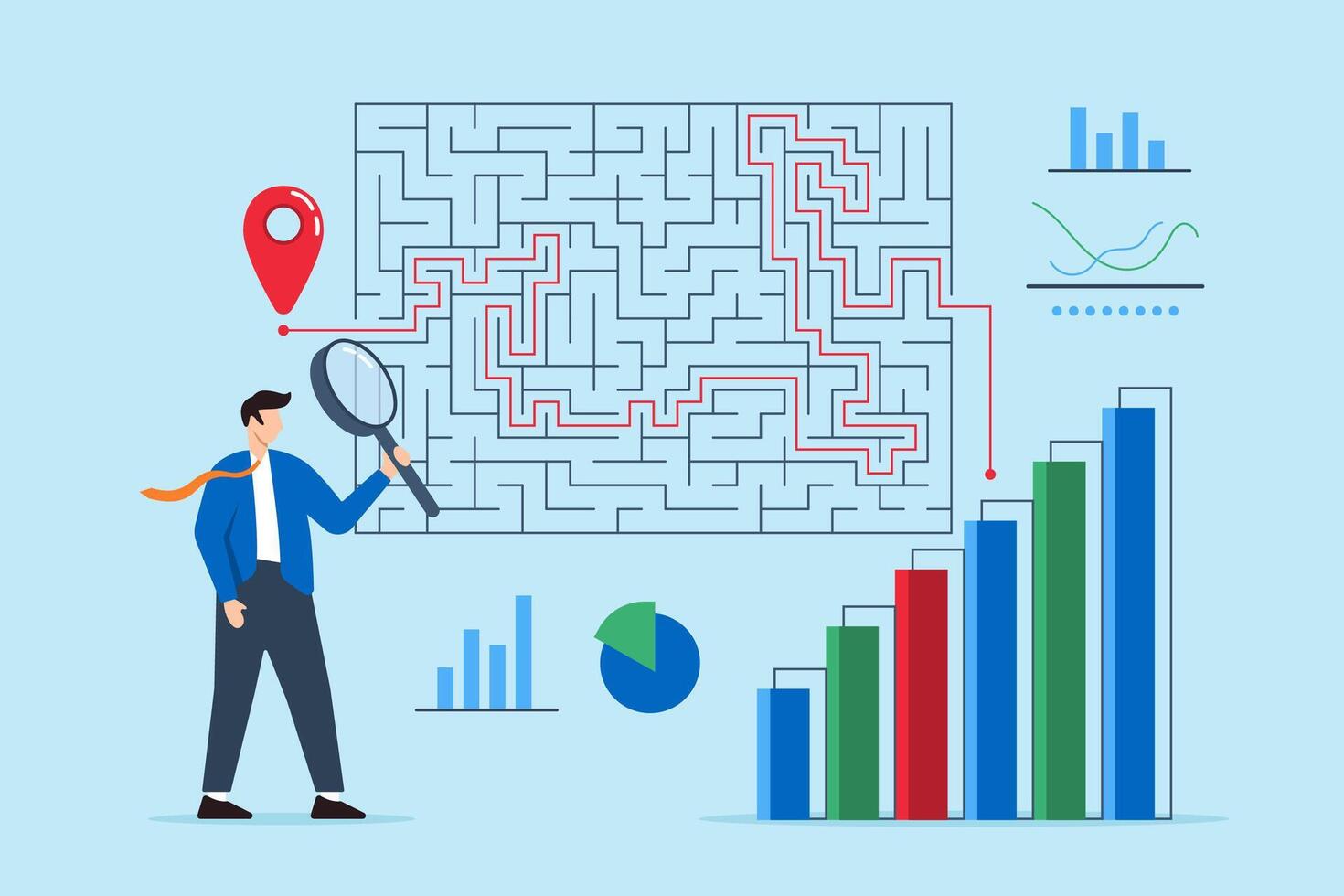Solving complex market problems, strategic thinking, analytical problem-solving, business challenges concept illustration. Analysts navigating maze of financial graphs vector