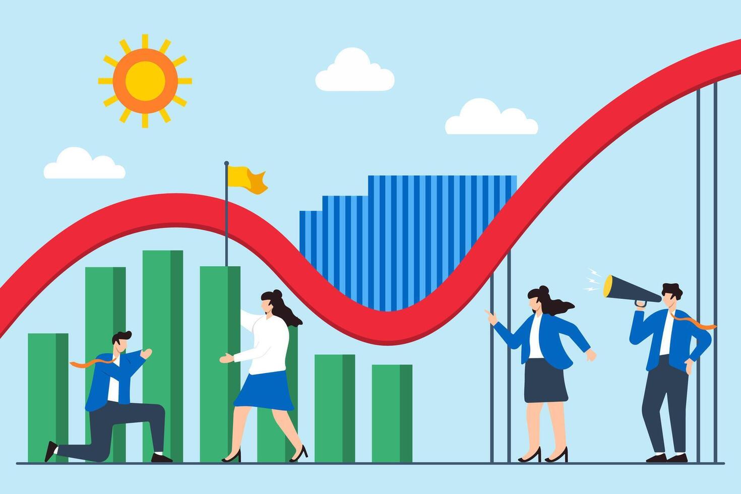 Navigating market ups and downs, strategic adaptability, planning for business volatility concept illustration. Team of analysts constructing rollercoaster with bar graphs vector