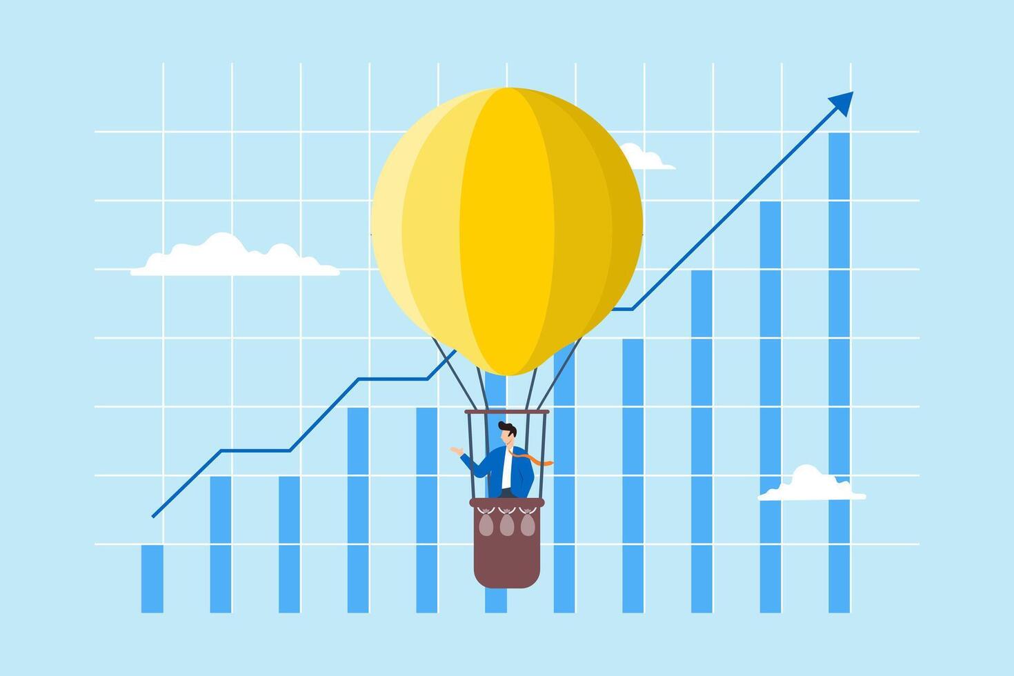 Elevating business strategies, strategic vision, data-driven success, reaching new market heights concept illustration. Analyst piloting hot air balloon with financial graphs vector