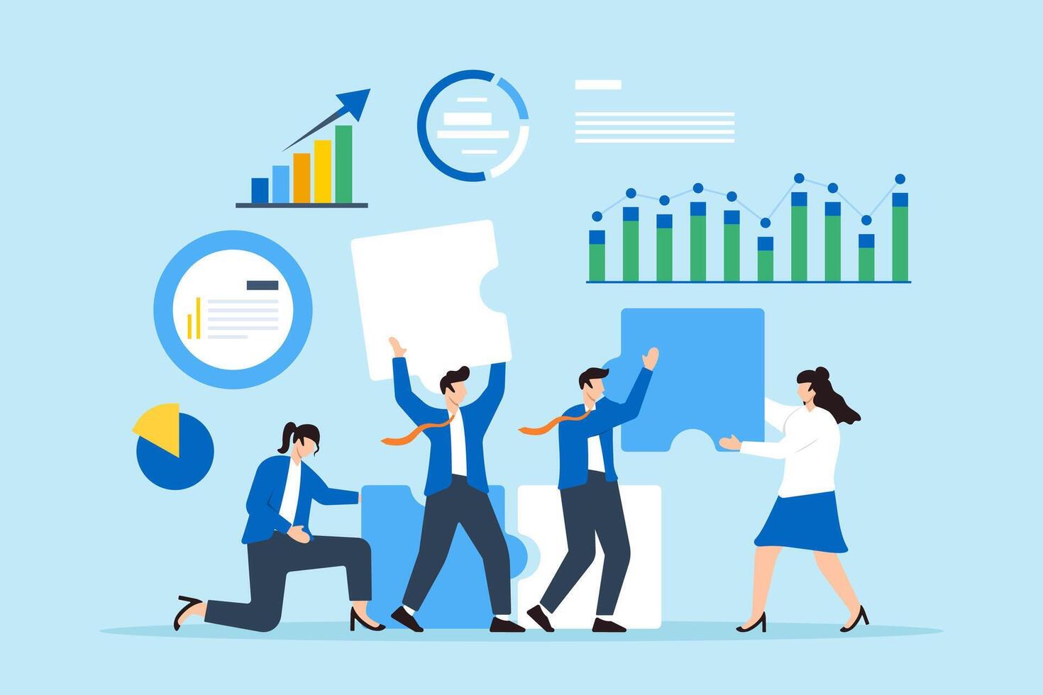 Assembling market strategies, comprehensive data analysis, collaborative problem-solving, insightful decision-making concept illustration. Business analysts building puzzle with charts vector