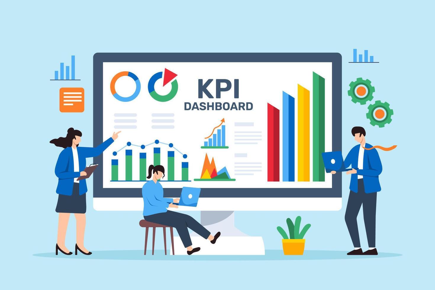 KPI monitoring and evaluation, goal setting concept illustration. Business analysts measuring key performance indicator on digital dashboards vector