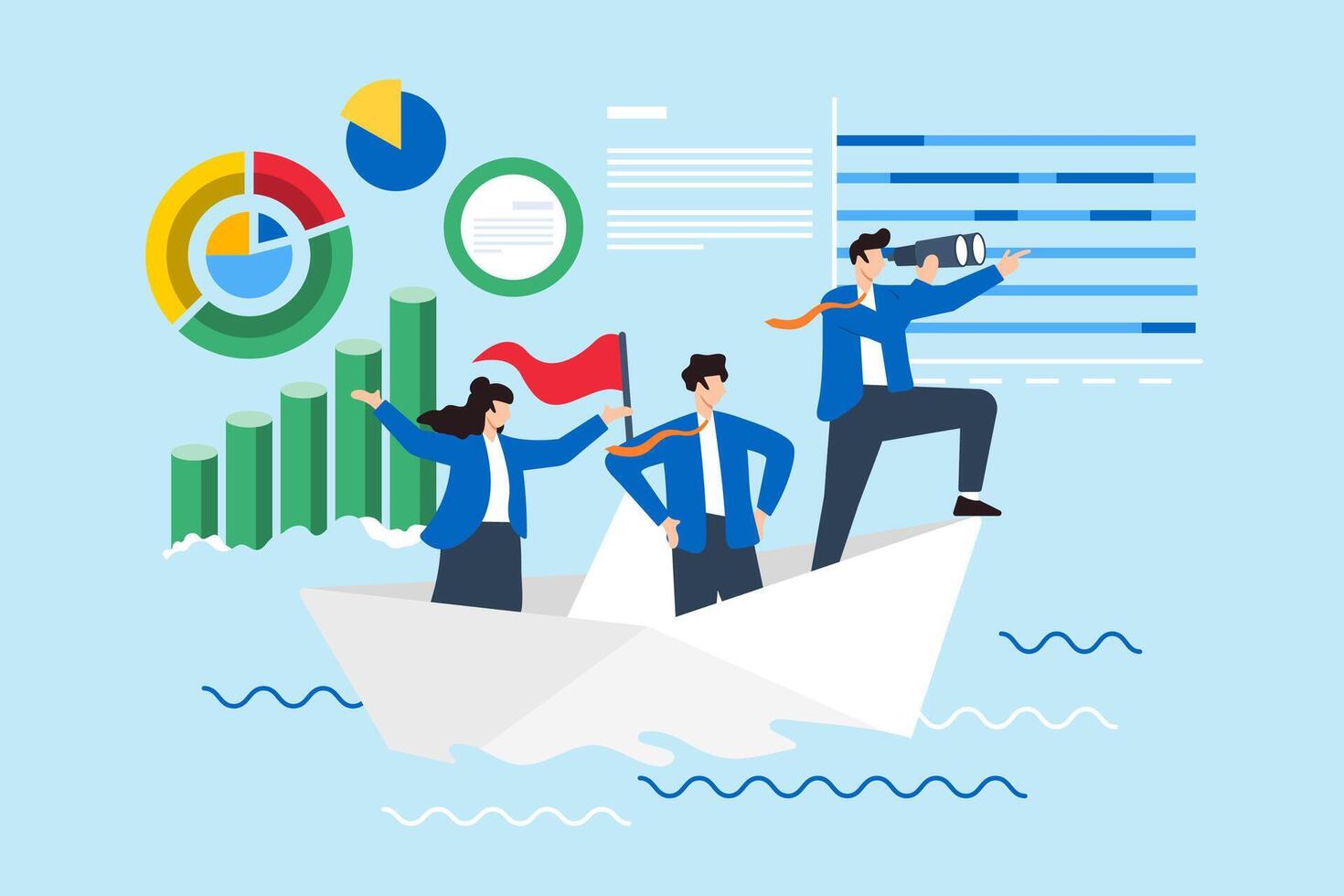 Navigating market trends, strategic foresight, adapting to economic changes, data-driven decision-making concept illustration. Analysts sailing on paper boat with financial charts vector