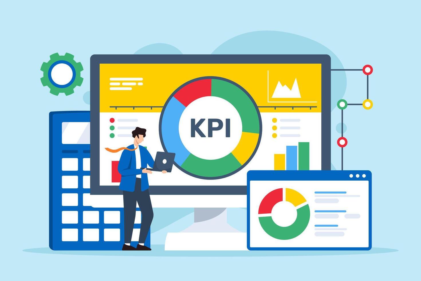KPI tracking, assessing metrics analysis concept illustration. Business analyst monitoring key performance indicators on dashboard vector