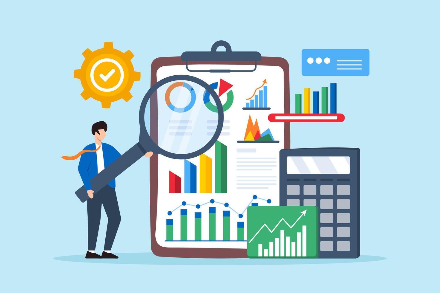 Reviewing financial statements for accuracy, ensuring compliance with regulations, audit analysis concept illustration. Business analyst auditing documents vector