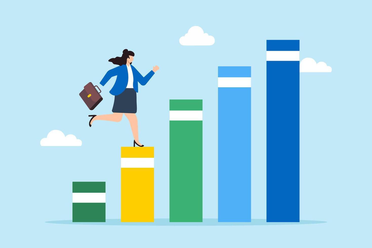 Overcoming business challenges, strategic planning, achieving sales targets, data-driven success concept illustration. Businesswoman climbing bar graph like mountain vector