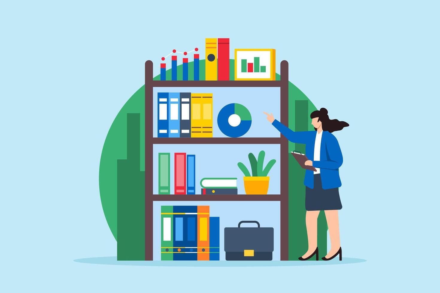 Business knowledge management, strategic data organization, comprehensive analysis, systematic planning concept illustration. Analyst organizing bookshelf of financial reports vector