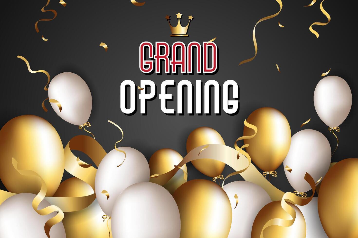 grand opening greeting card with gold, white and confetti balloon theme vector