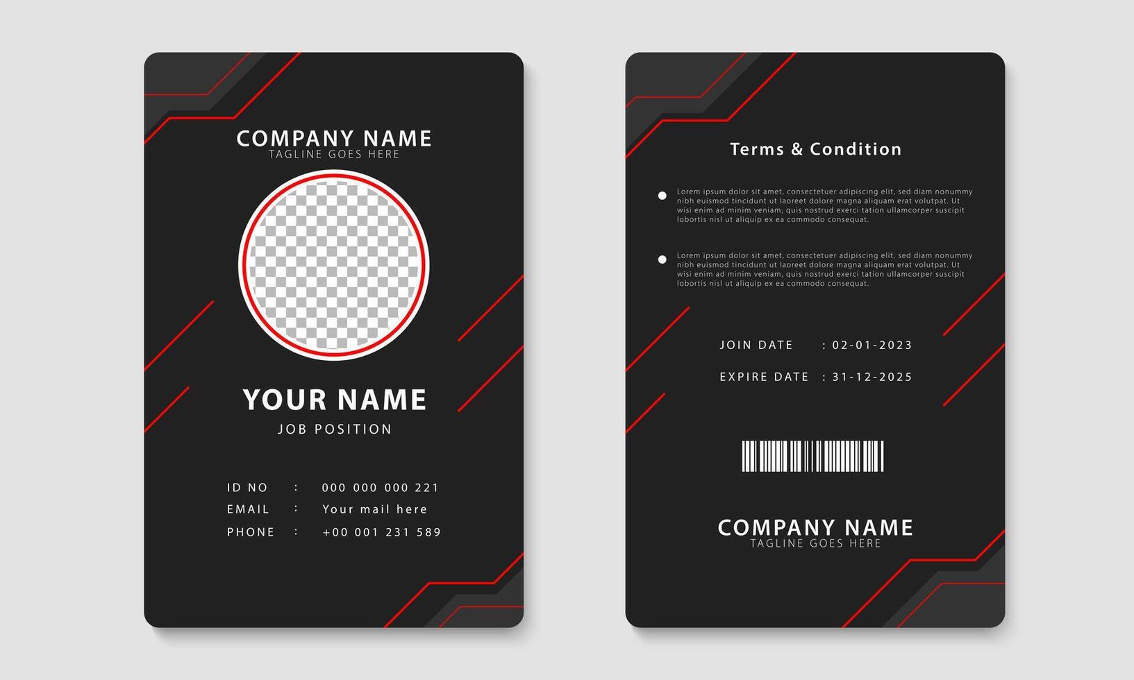 Black and red identity card layout template. Employee ID card design vector