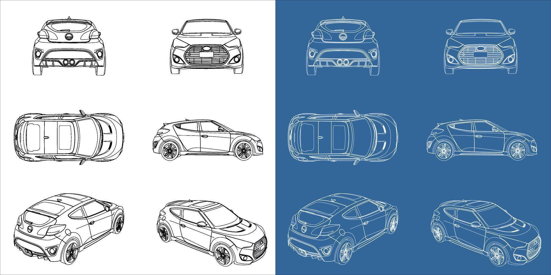 Set Crossover Car blueprint or wireframe in outline. vector