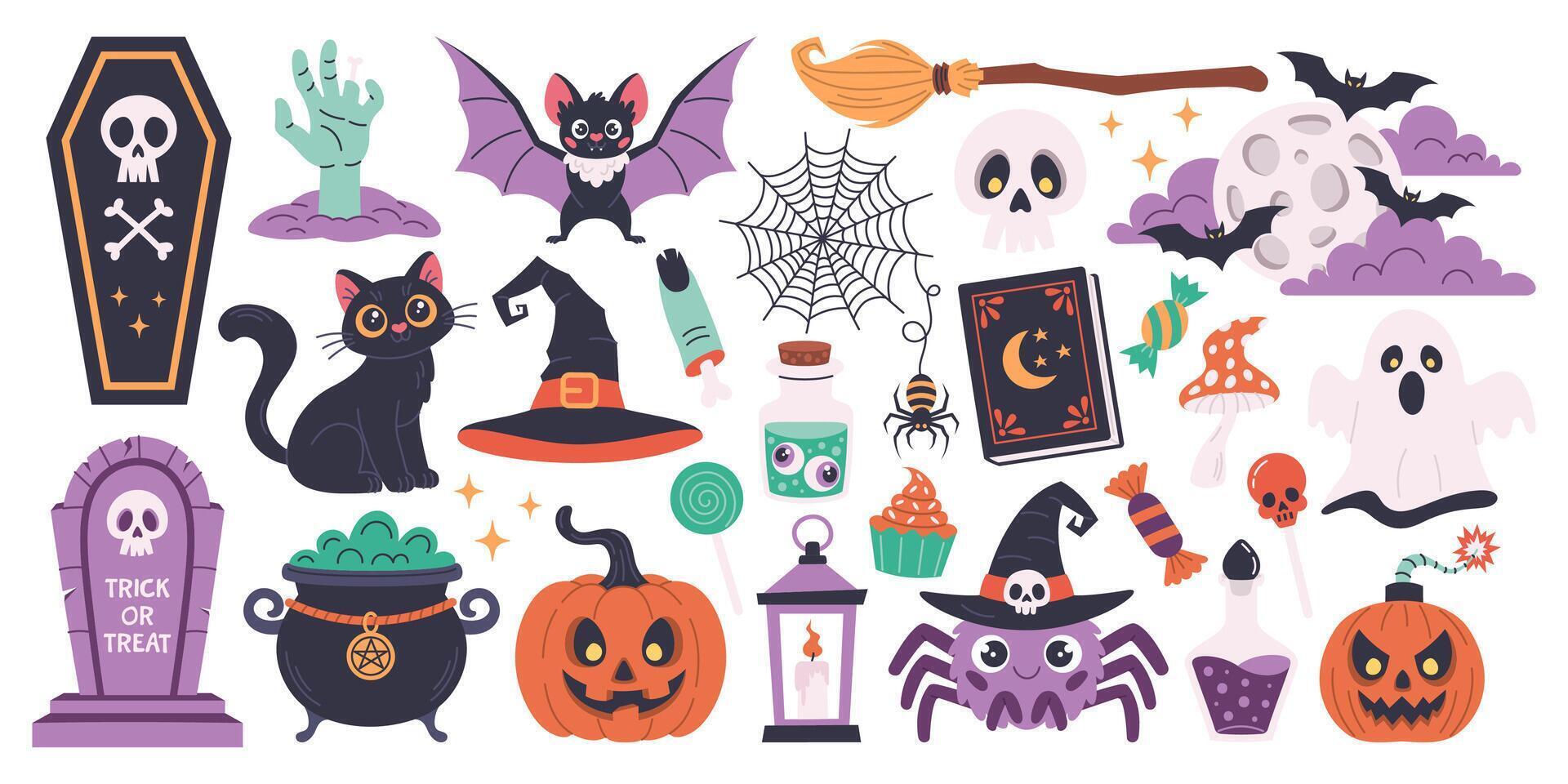 Happy Halloween day background element . Cute collection of creepy ghost, pumpkin, bat, candy, cat, skull, spider, grave, zombie hand. Adorable Halloween festival elements for decoration, prints vector