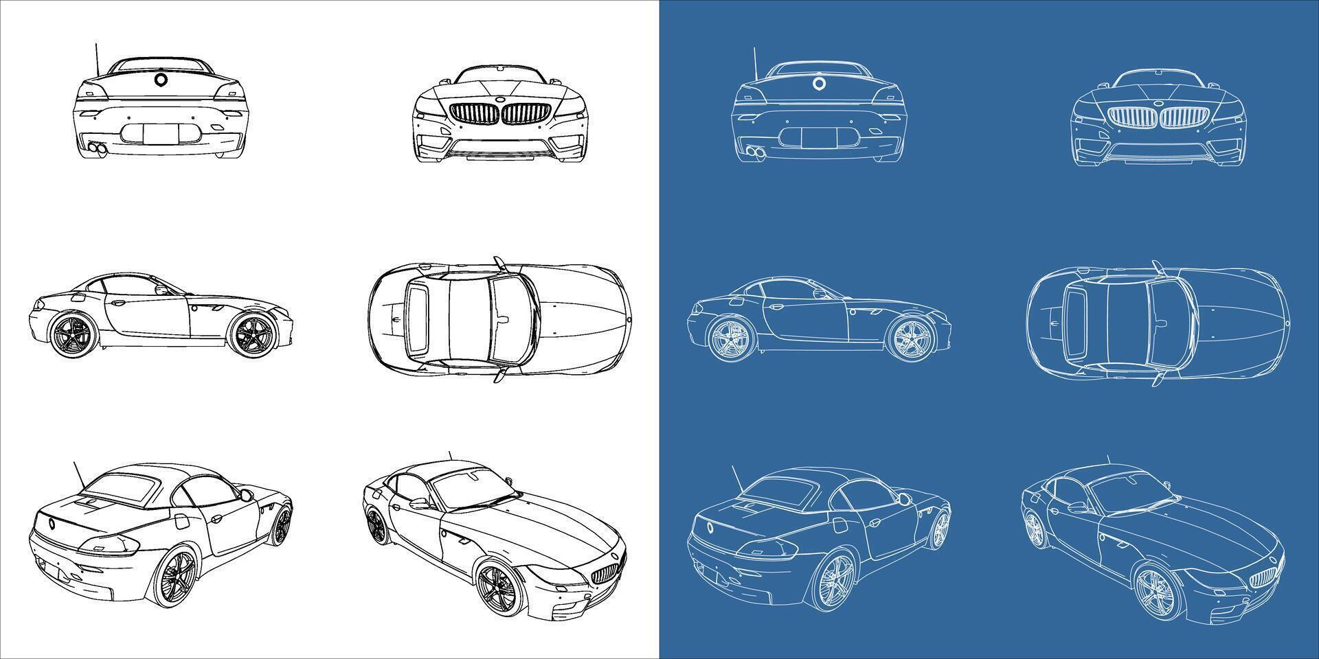 sport car coupe sedan all view drawing outlines. blueprint line wireframe z4 concept with transparent background vector