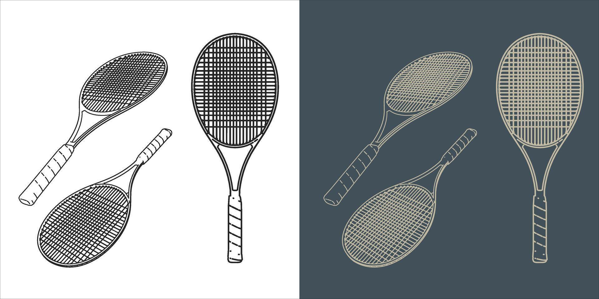 set of tennis racket line art blueprint wireframe vector