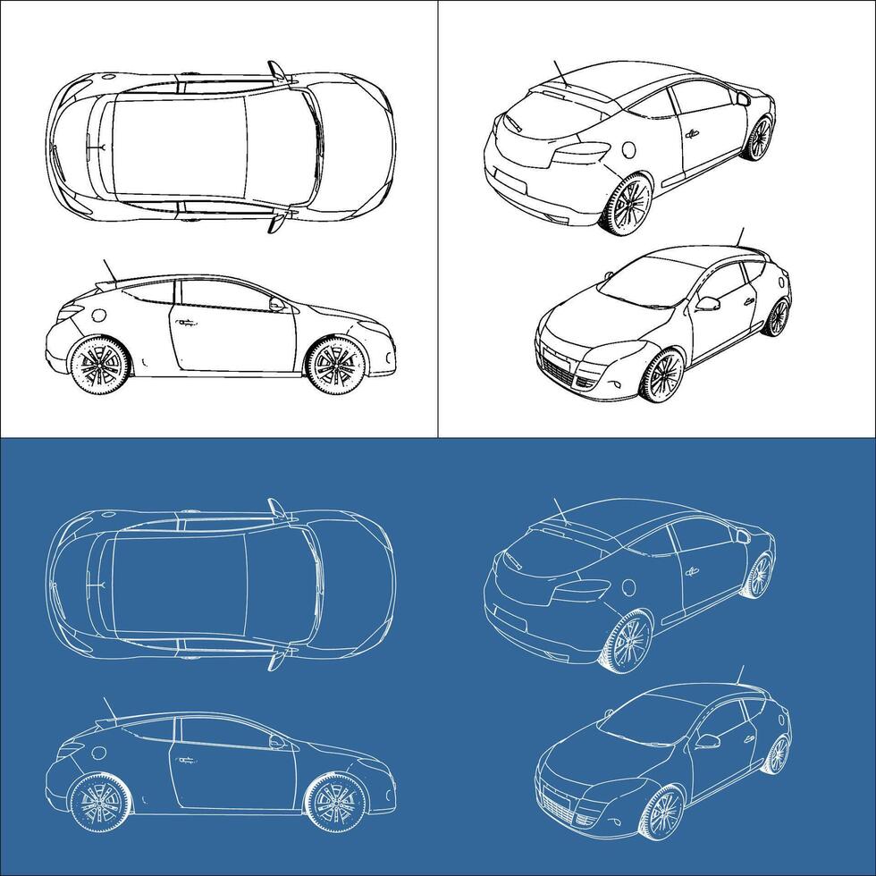 coupe hatchback car line art draw blueprint wireframe from all view top corner side back isolated in transparent background vector
