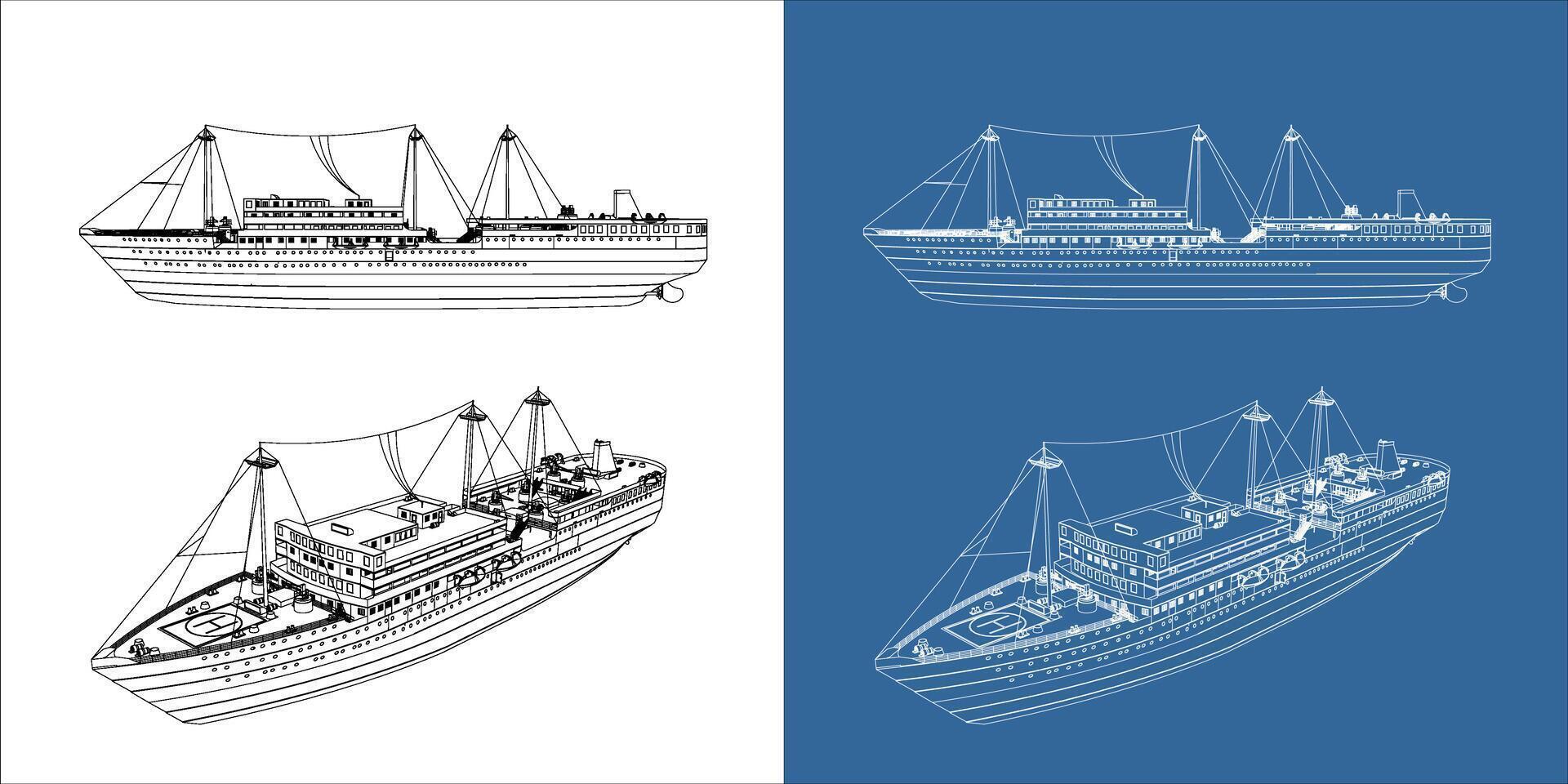 Set container ship or cargo shipping business. Logistic freight transportation blueprint or wireframe outline. vector