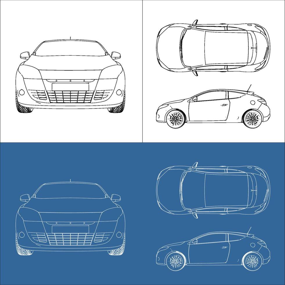 coupe hatchback car line art draw blueprint wireframe from all view top corner side back isolated in transparent background vector