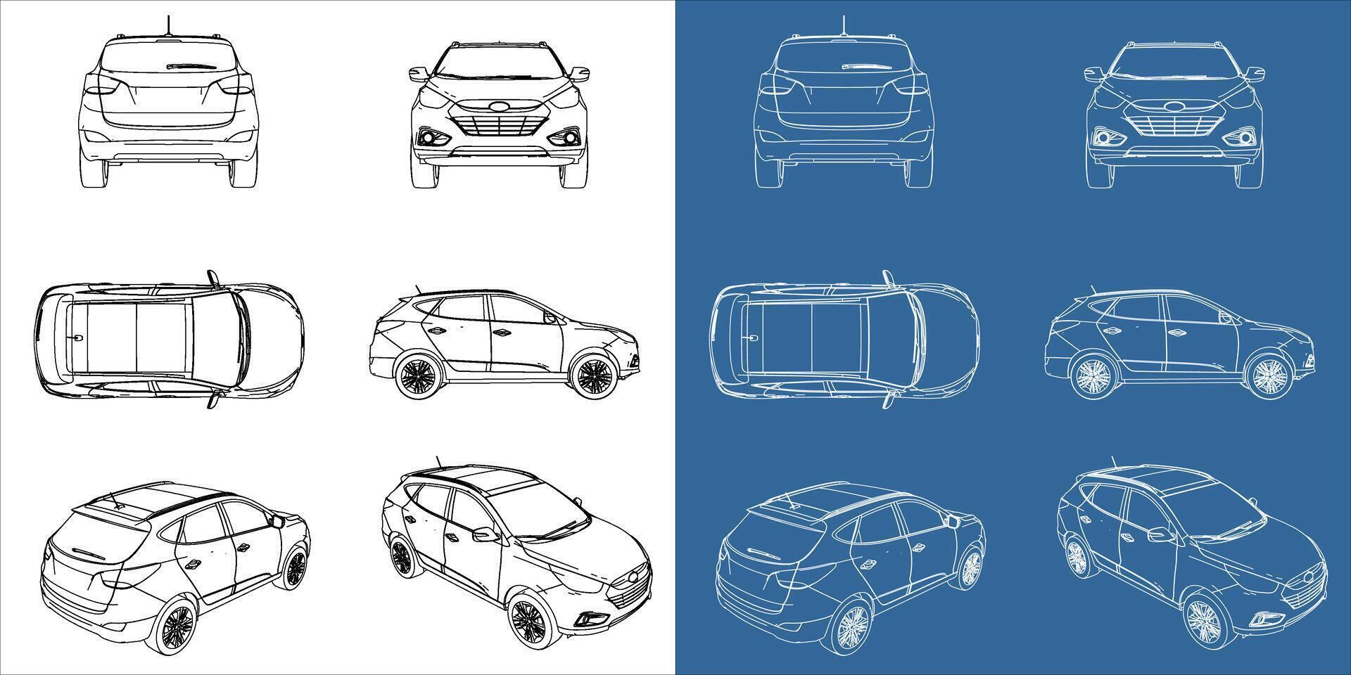 Set hatchback Car blueprint in outline. illustration vehicle template with all side and isolated in transparent background vector