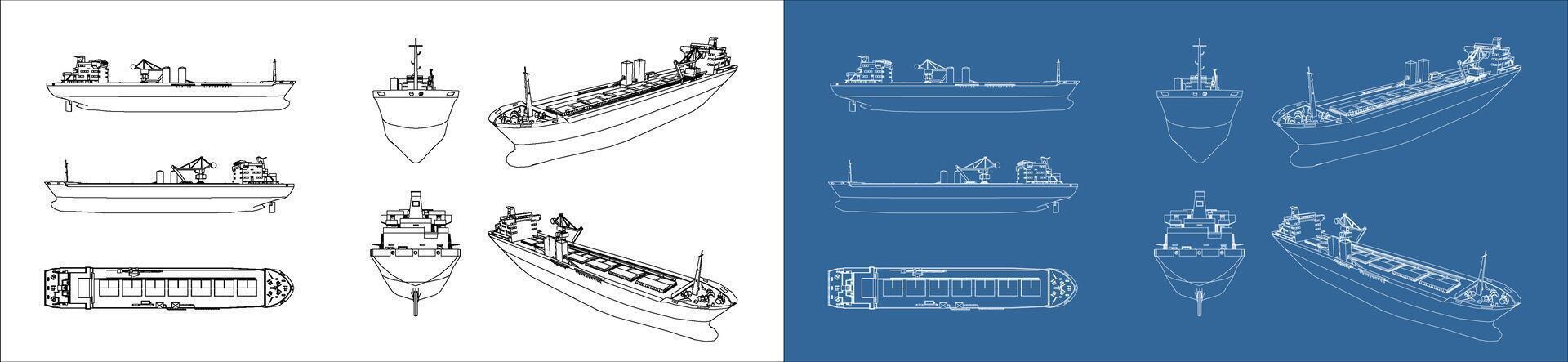 et large cargo ship container outline. Blueprint wireframe line drawing for template with all side and isolated on transparent background vector