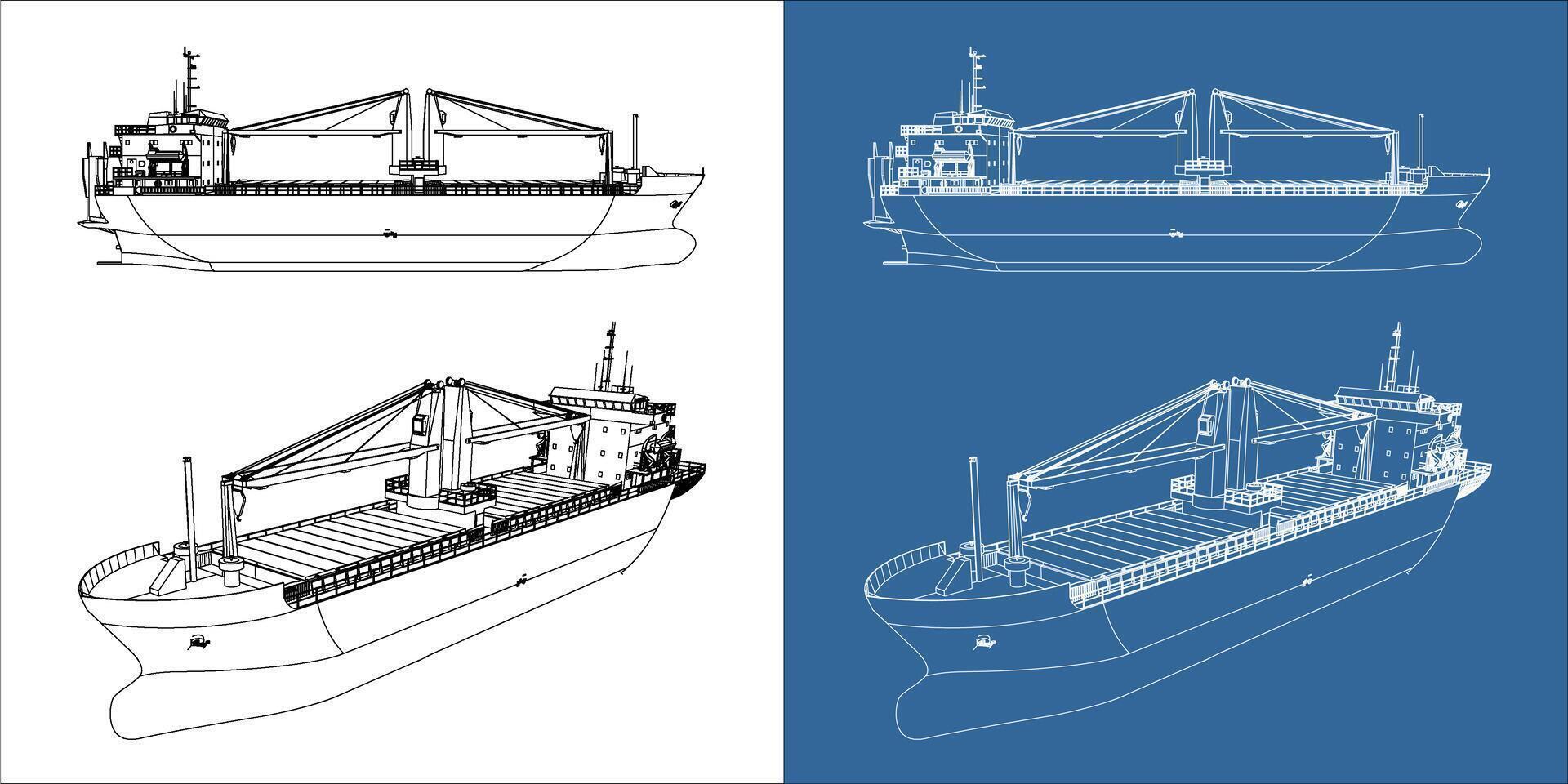 Set Container Cargo ship. Shipping Nautical Vessel International. transportation blueprint or wireframe outline. vector