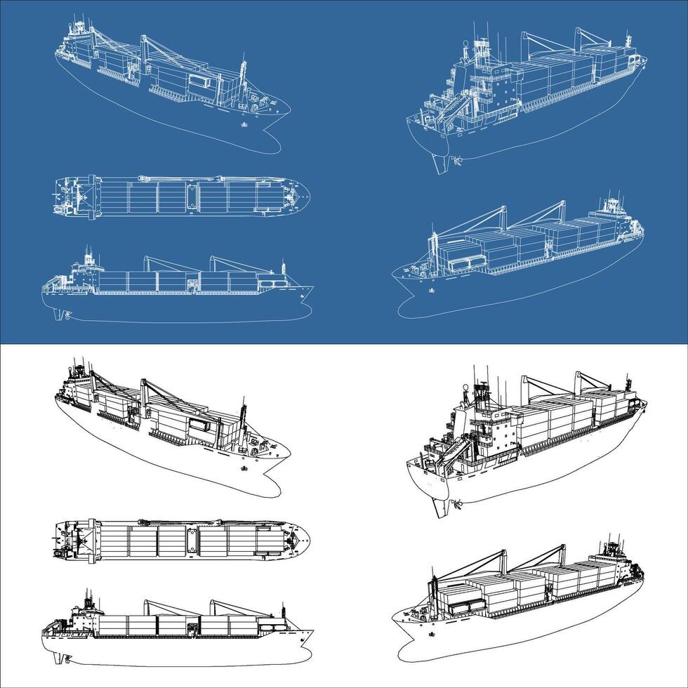 Set Container ship or cargo shipping business. logistic freight transportation blueprint or wireframe in outline. illustration for template with all side and isolated in transparent background vector