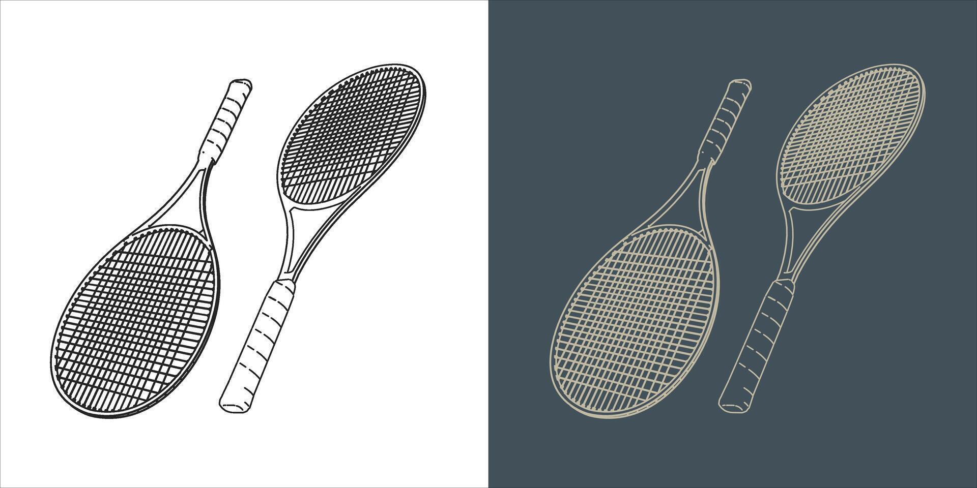 set of tennis racket line art blueprint wireframe vector