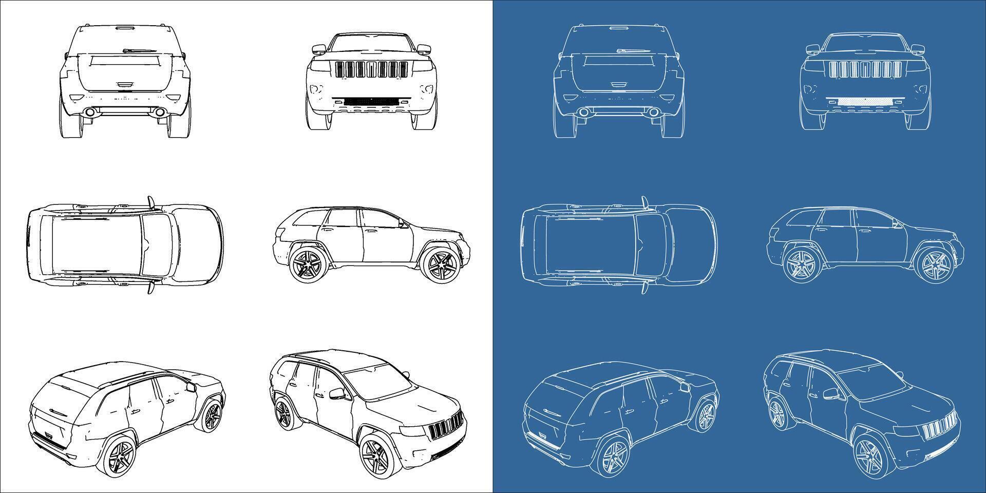 SUV car off road all view drawing outlines. blueprint wireframe line concept with transparent background vector