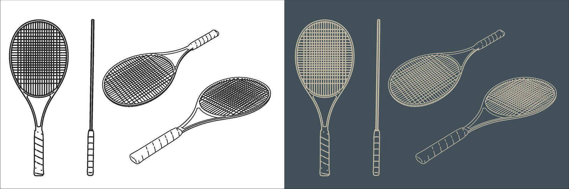 set of tennis racket line art blueprint wireframe vector