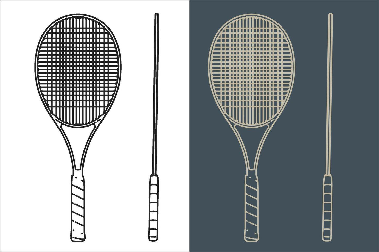 set of tennis racket line art blueprint wireframe vector