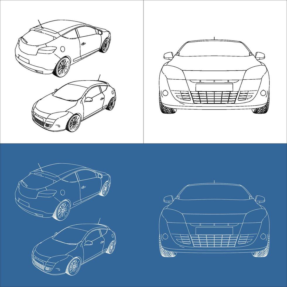 coupe hatchback car line art draw blueprint wireframe from all view top corner side back isolated in transparent background vector