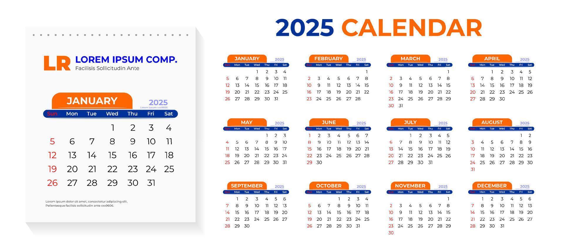 2025 calendar template with preview vector