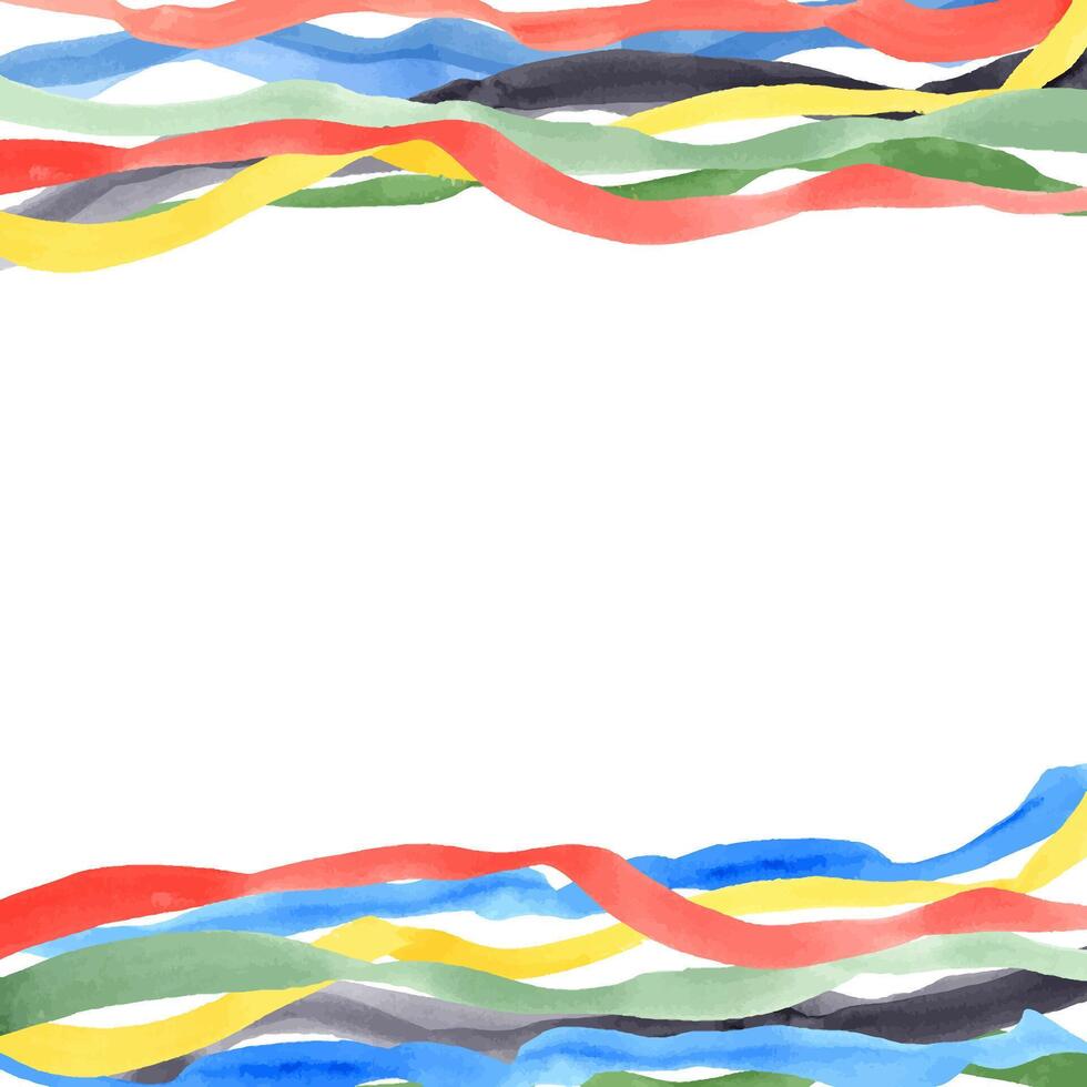 Curved flowing colored lines. Stripes in vibrant yellow, red, blue, green, black colors. Horizontal frame with copy space for text. Watercolor illustration. For birthday party vector