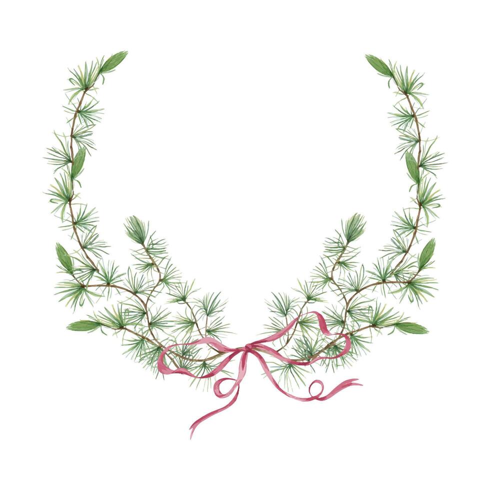 Greenery and dusk pink bow. Beautifully designed wreath of larch branch. Watercolor illustration. Copy space for text. Xmas greeting card. For holiday designs, invitations, or decorative projects. vector