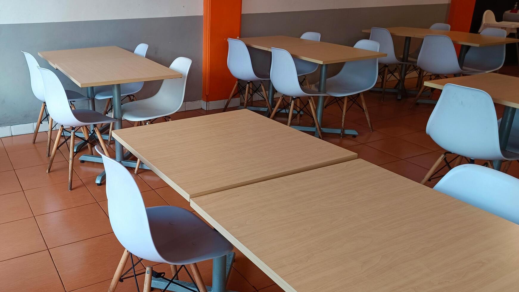 Empty tables and benches in a restaurant. photo