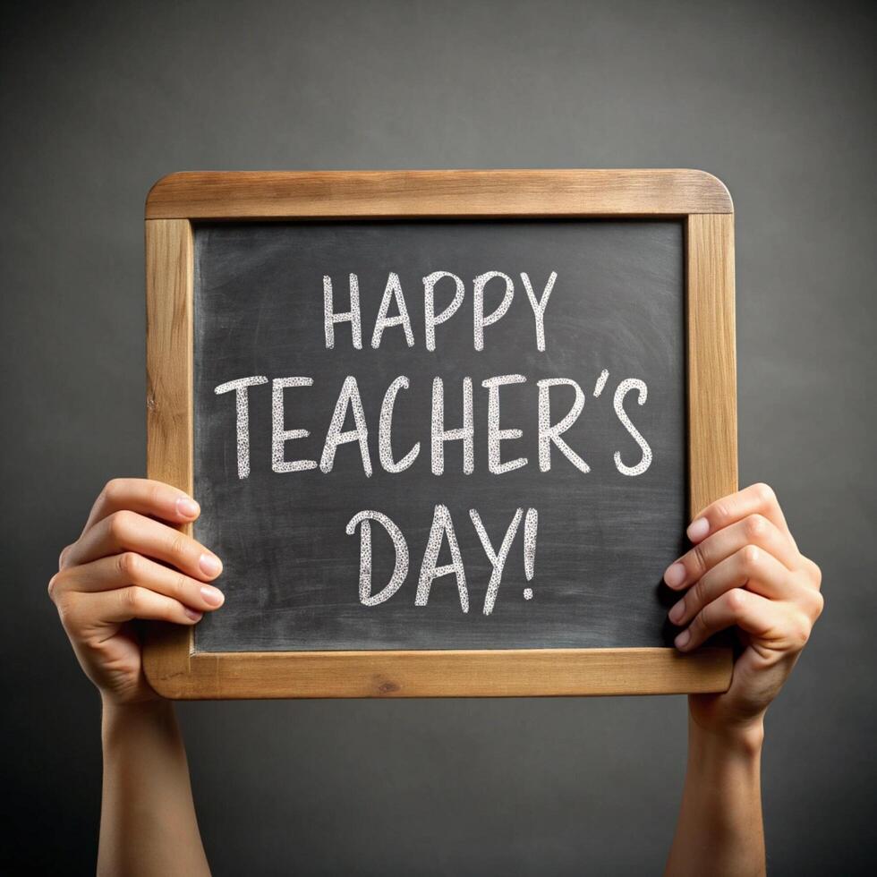 A student holds up a blackboard And 'happy Teachers day' are written in white chalk on the board in capitalized letters photo
