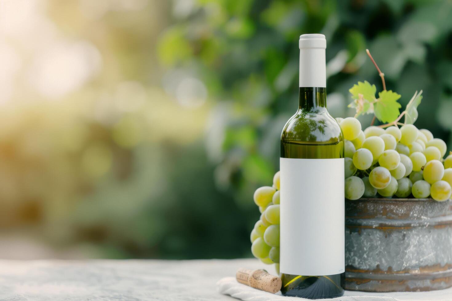 White Wine Bottle With Grapes on Table photo