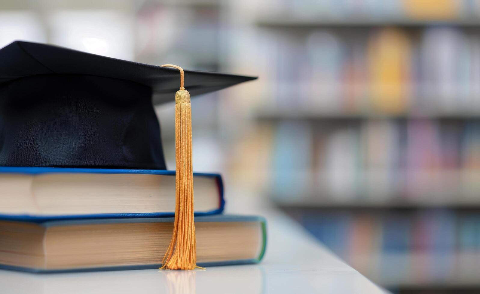 Graduation Cap on Books in Library photo
