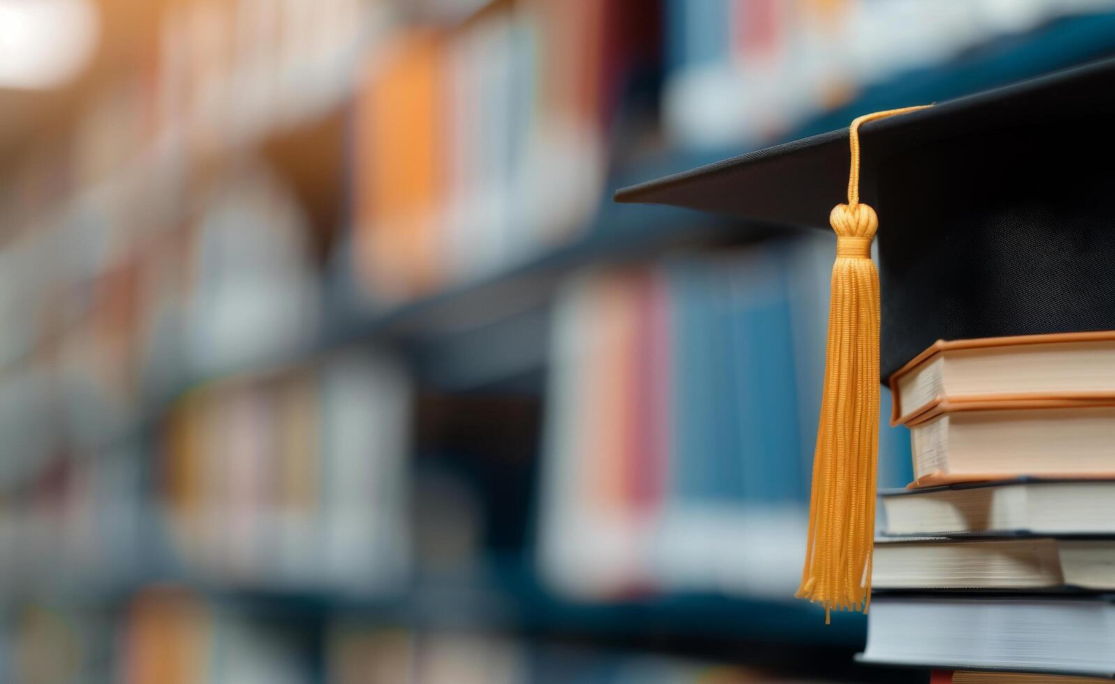 Graduation Cap on Books in Library photo