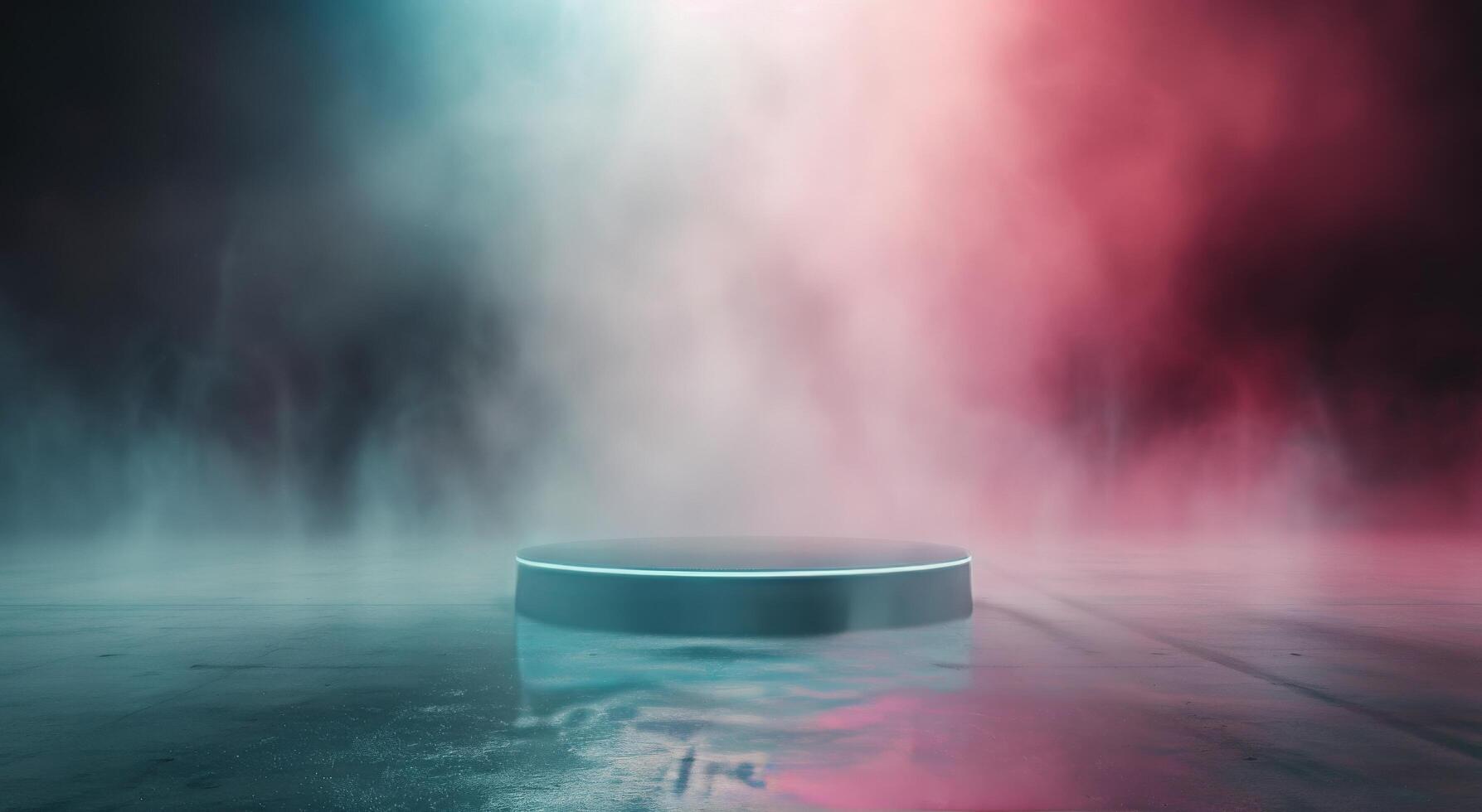 Black Cylinder On A Foggy Stage With Pink And Blue Lighting photo