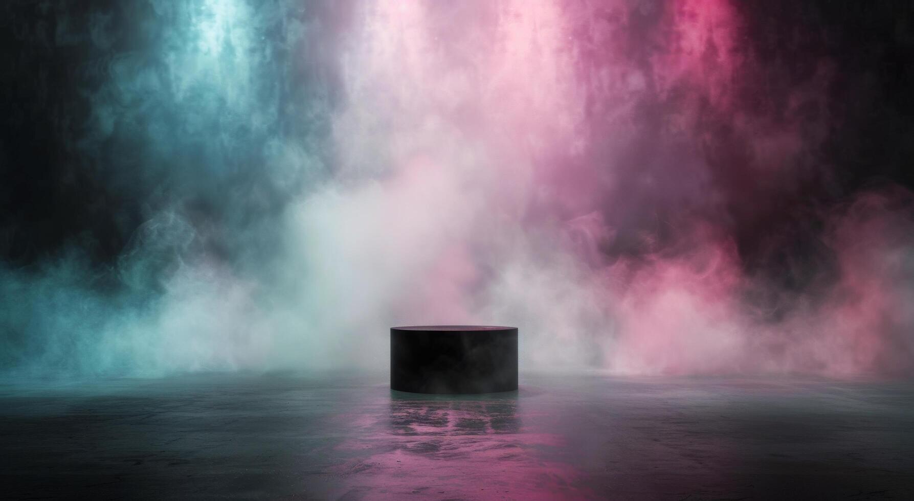 Black Cylinder On A Foggy Stage With Pink And Blue Lighting photo