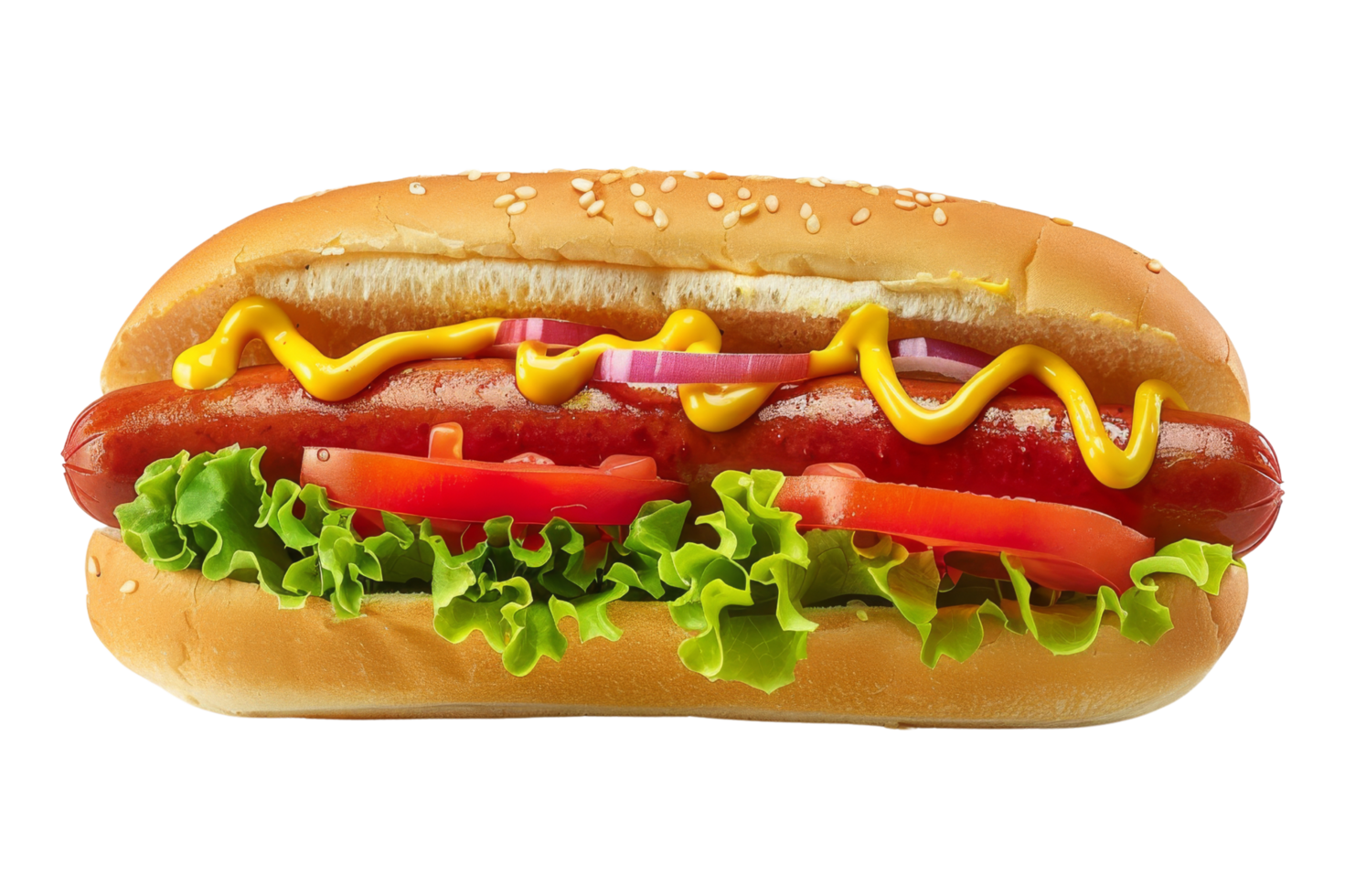 Hot Dog with Mustard, Lettuce, Tomato and Onion png