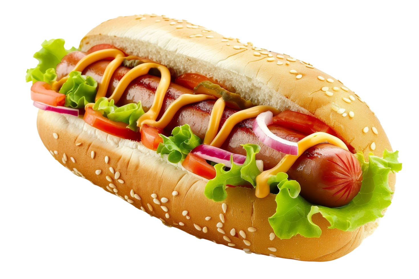 Delicious Hot Dog with Mustard, Tomato, Onion and Lettuce png