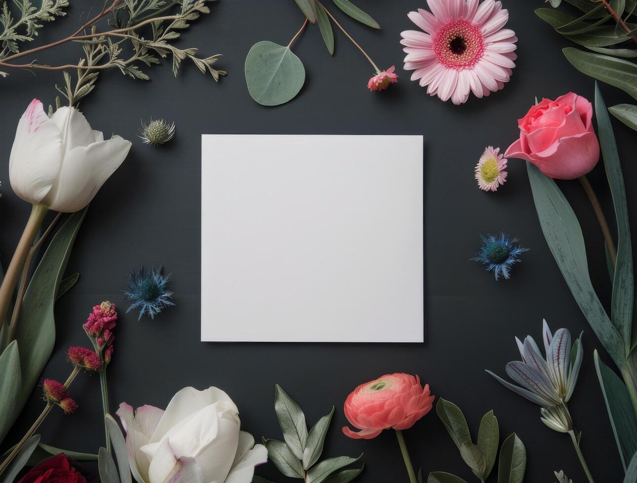 White Card With Floral Border on Black Background photo