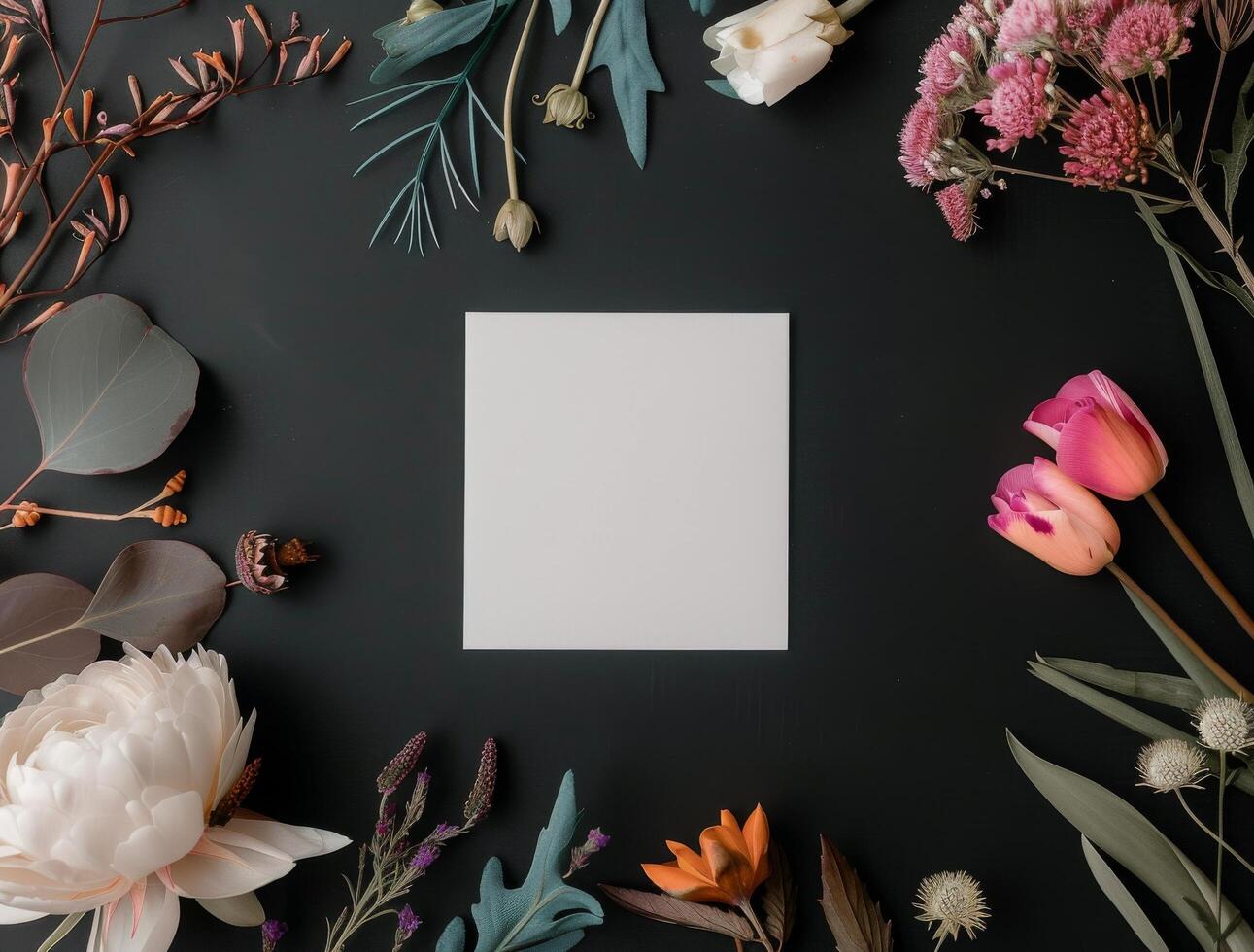 White Card With Floral Border on Black Background photo
