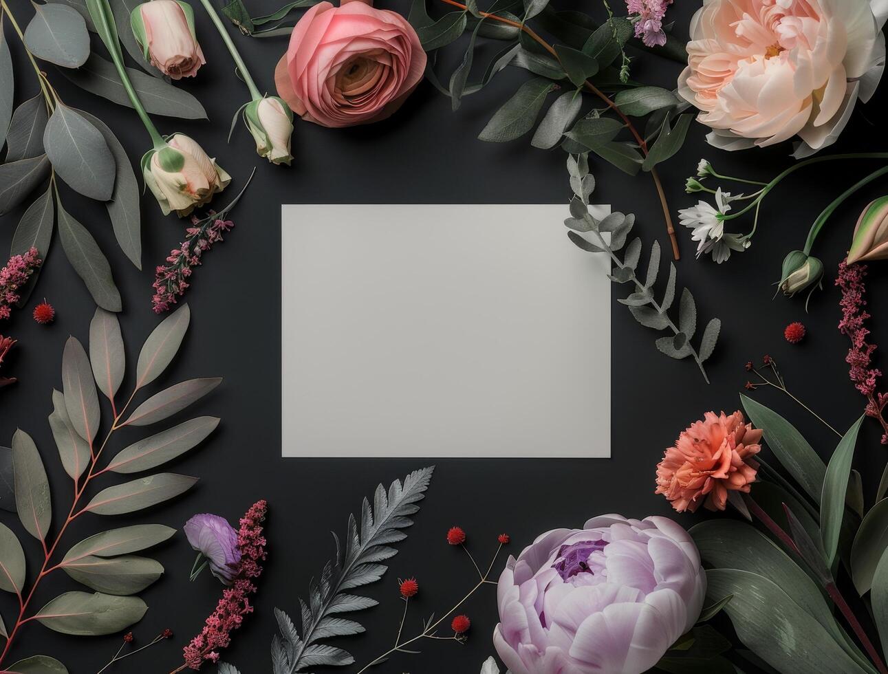 White Card With Floral Border on Black Background photo