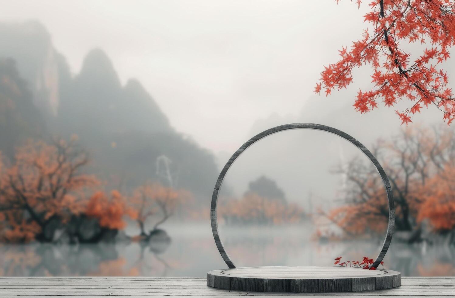 Wooden Platform With Circular Frame in Misty Mountain Landscape photo