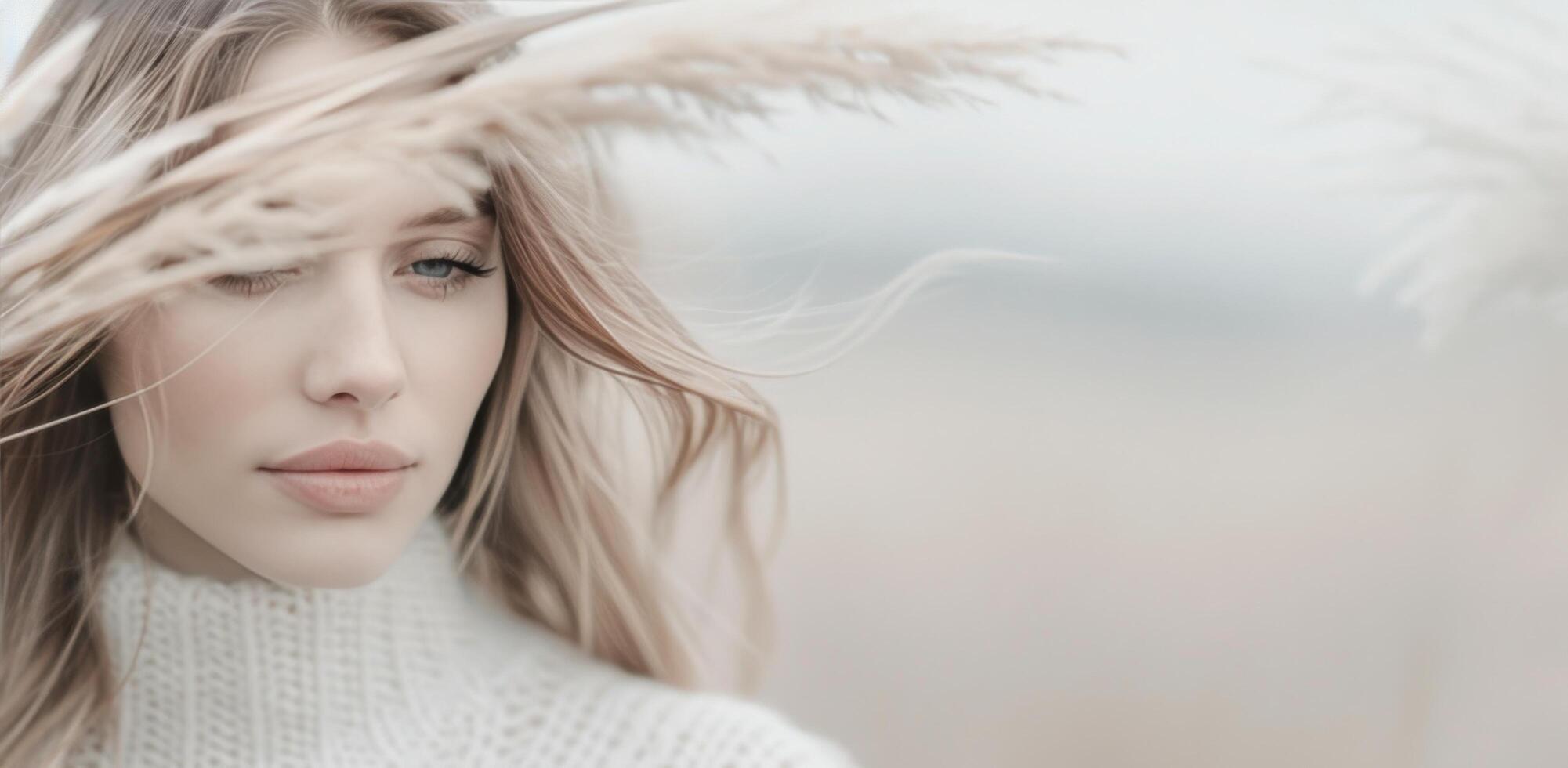 Woman With Windblown Hair in a White Sweater photo