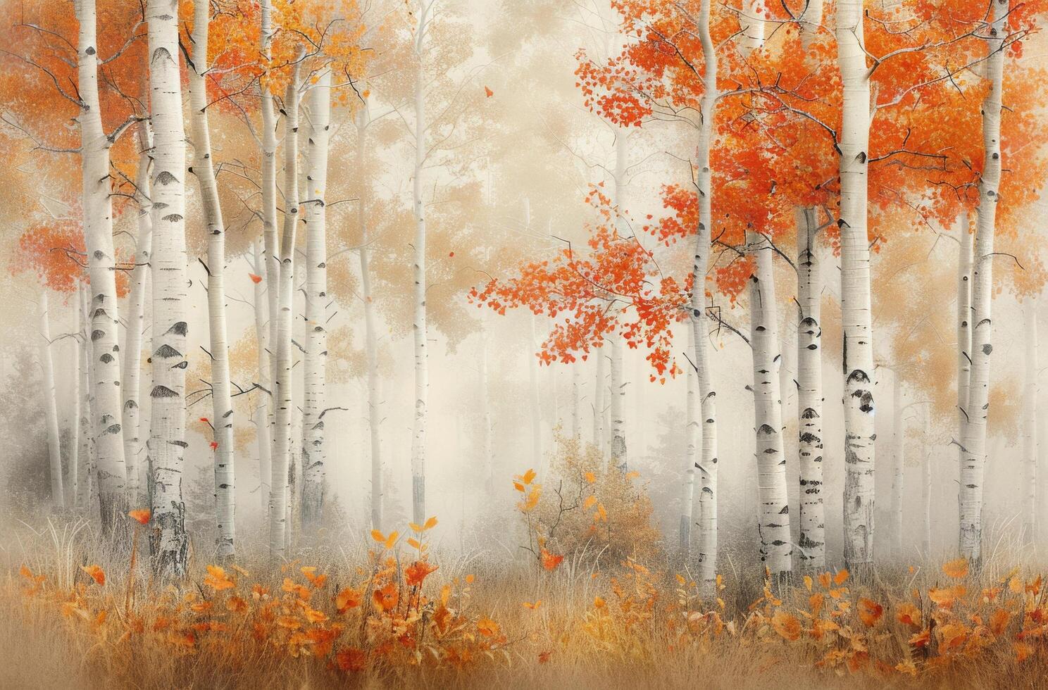 Birch Trees in Foggy Autumn Forest photo