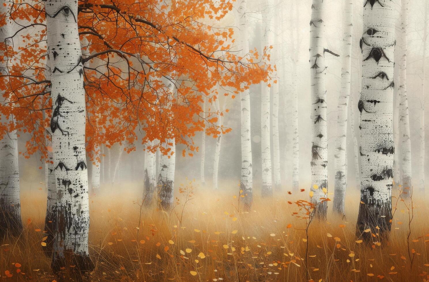 Birch Trees in Foggy Autumn Forest photo